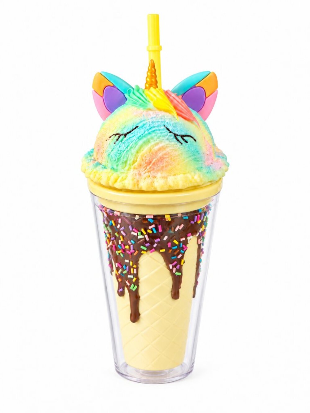 Unicorn Ice Cream Cone Tumbler Cup w Straw Rainbow Sprinkles Novelty